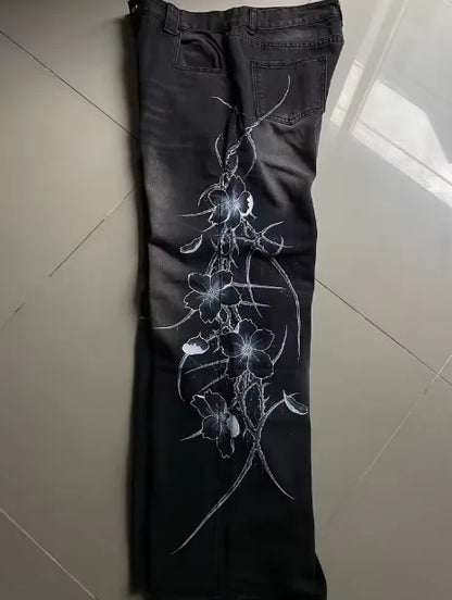 Y2K Gothic Men's Black Distressed Jeans White Thorn Floral Print Wide Leg Baggy Denim Pants Streetwear Casual Trousers