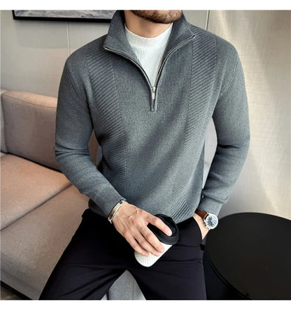 Men's Semi-Zip Knit Sweater - White (Gray/Black)  Winter Weight Fabric Fashionable Semi-High Neck Daily Wear
