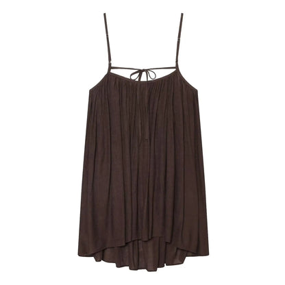 TFMLN Women Round Neck Pleated Sling Dresses Summer New Sleeveless Loose Fit Backless Solid Dress Fashion Holiday Casual Clothes