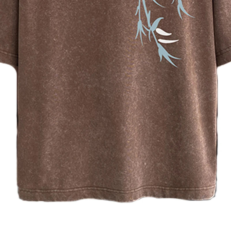 Acid Washed T-Shirt - Men's Streetwear Tee With Bamboo Leaf Print | Oversized Loose Fit
