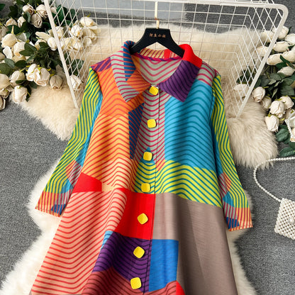 Miyake Pleated Drape Dress Women 2024 Spring Summer Colorblock Printing Lapel 3/4 Sleeve Single-breasted Fashion Shirt Dresses