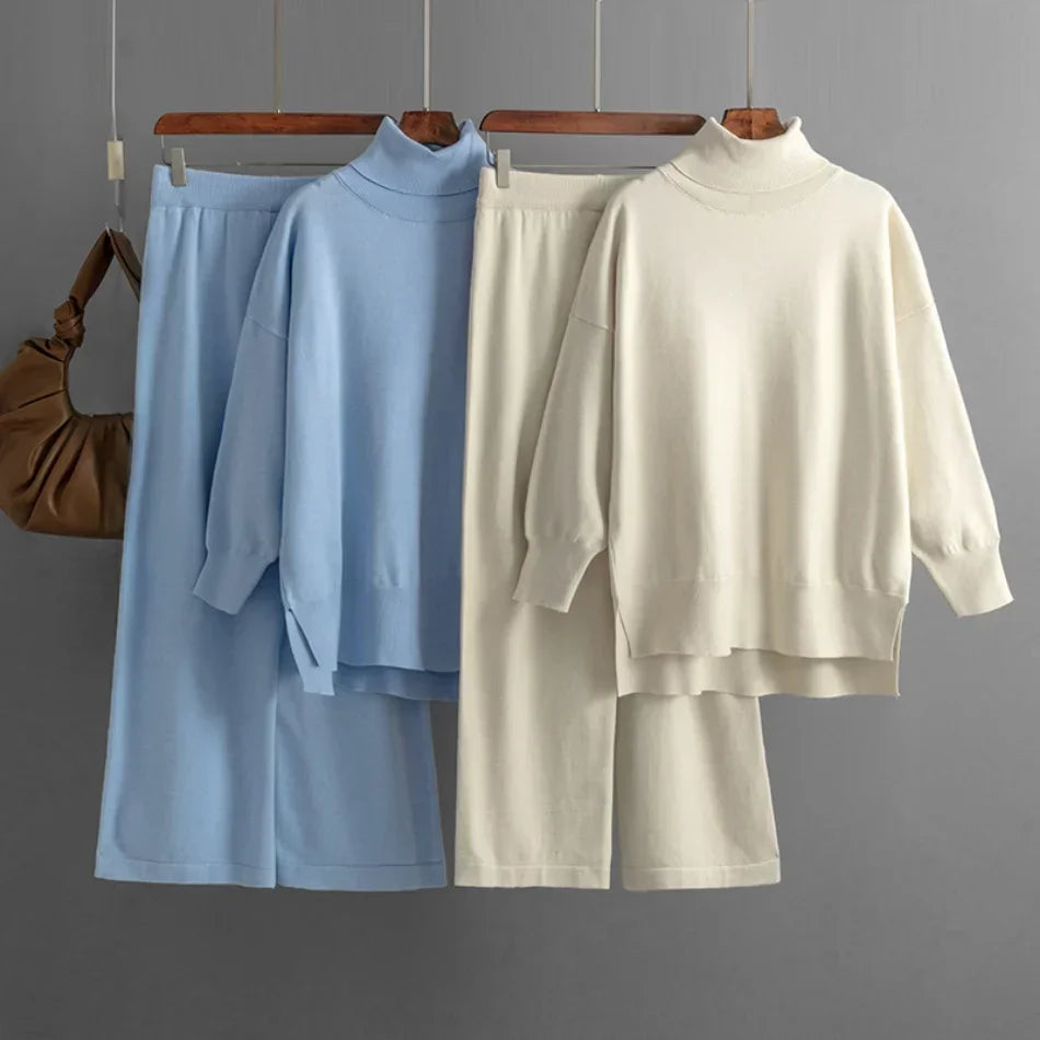Women's Two Piece Set Autumn Winter High Collar Slit Knitted Sweater Pullover Fashion Casual Loose High Waist Pant Ensemble