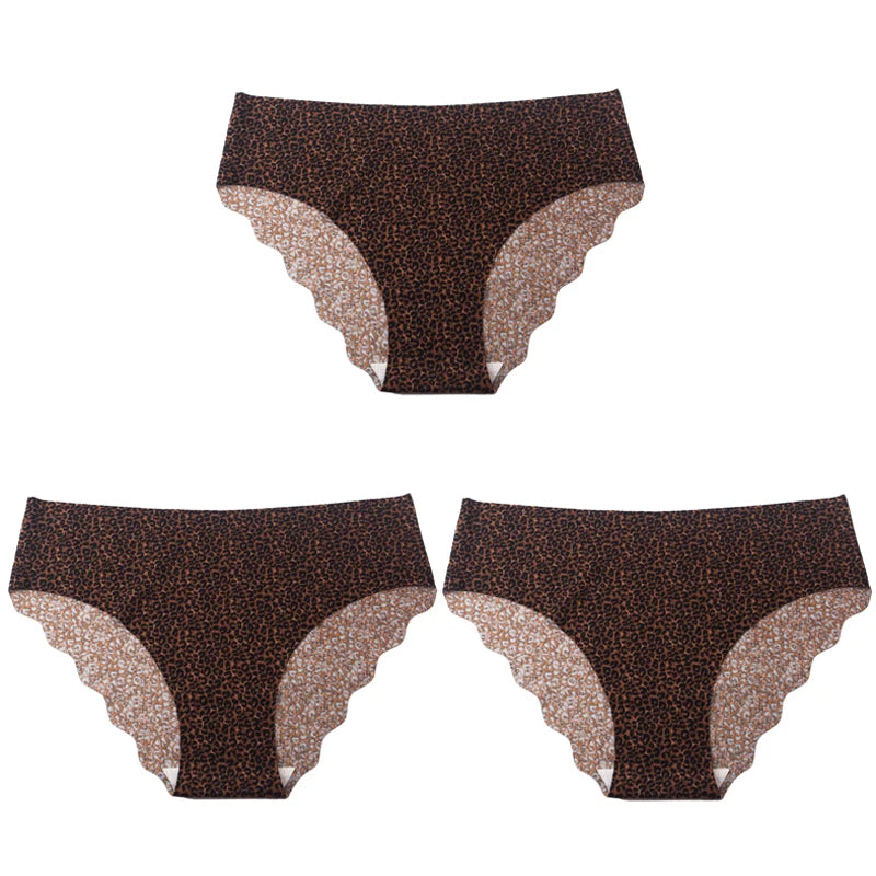 3pcs Women's Seamless Ice Silk Panties Female Mid Waist Plus Size Leopard Print Underwear Girls Fashion Brief Lady Comfort Panty