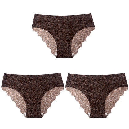 3pcs Women's Seamless Ice Silk Panties Female Mid Waist Plus Size Leopard Print Underwear Girls Fashion Brief Lady Comfort Panty