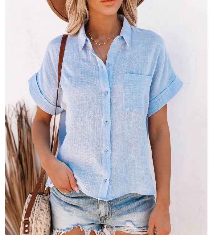 New Fashion Cotton Linen Women's Shirts Casual Loose Short Sleeve Women Blouses Button Up Summer Woman Tops Clothes