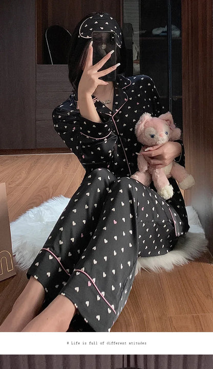 Spring and Summer New Women's Senior Ice Silk Women's Pajamas Love Teenage Girls Students Casual Pajamas Homewear Two-Piece Set