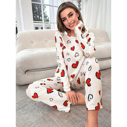 Sleepwear Women's Black Love Print Long Sleeve Trousers Student Loungewear Pajama Set Girl O-Neck Fashion Soft Casual Nightwear