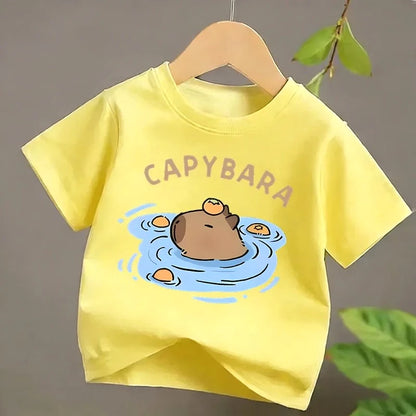 4 To14Y Girls Casual Capybara Print Short Sleeve T-Shirt 2026 New Cute Spring Summer Y2k Children's Crew Neck Tee Tops