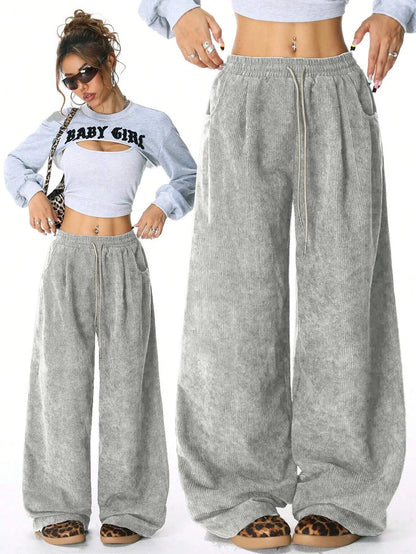 Women's Retro Corduroy Cargo Pants Casual Drawstring Straight Sports Pants Drape Daily Commuting Wide Leg Pants