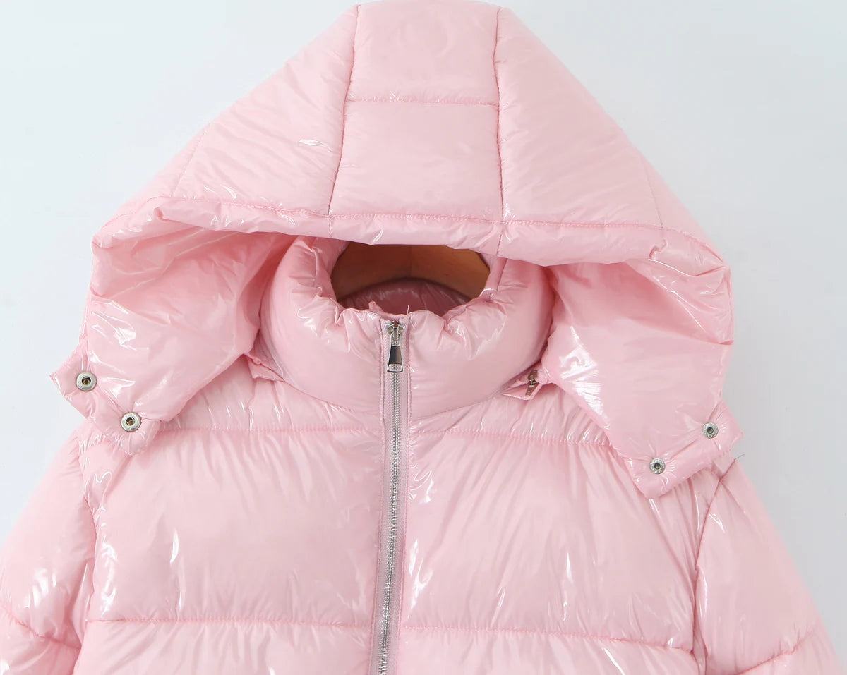 New Winter Fashion Women Bright Light Blue Zipper Up Bread Parka Coat Woman Stand Collar Removable Hooded Long Sleeve Outerwear