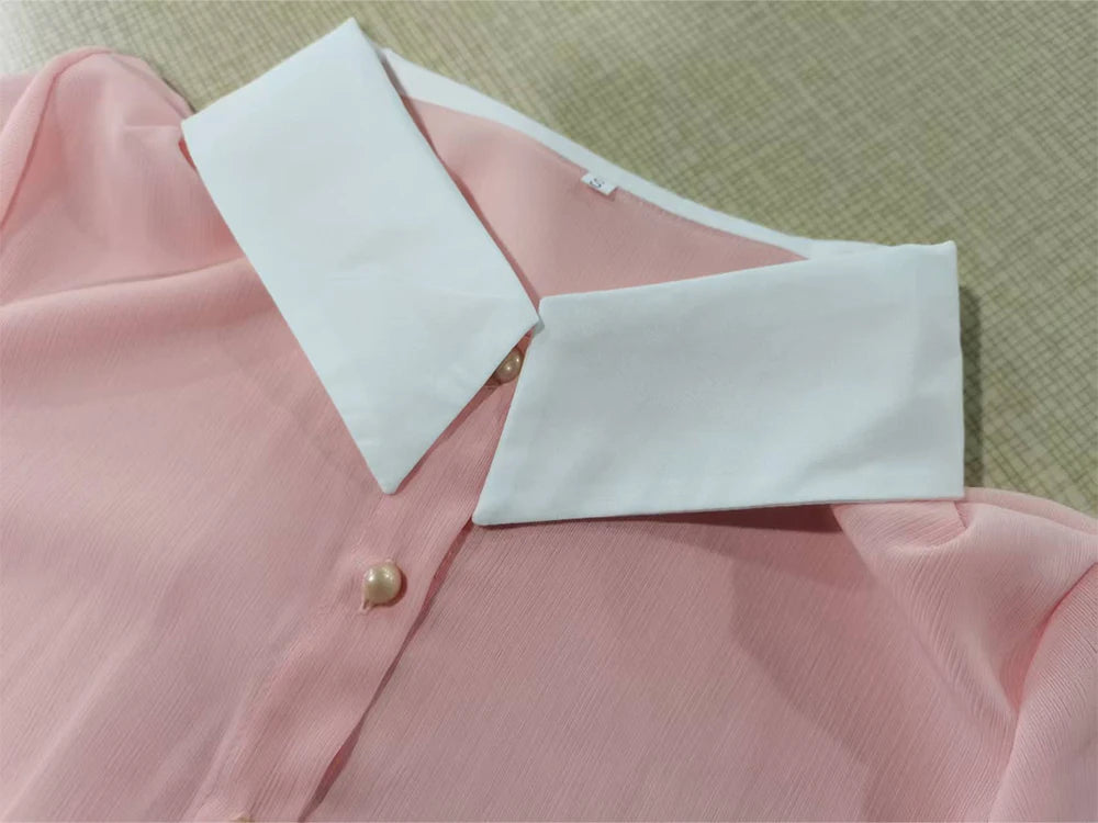 Summer Women Short Sleeve Chiffon Blouse Elegant Contrast Collar Pearl Button Office Casual Textured Breathable Fashion Tops