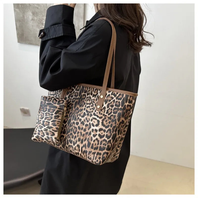 Leopard Print Tote Bag - Women's PU Leather Large Capacity Casual Travel Purse