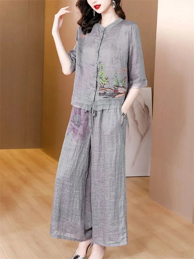 Spring Summer Women Leisure Large Size 5XL 2PCS Middle Aged Mother Mother Cotton Linen Suit 2025 Female Embroidery Two-piece Set