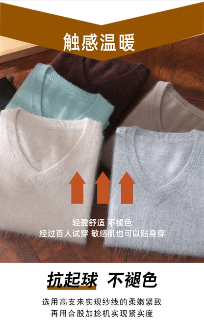 Men's 100% Pure Mink Cashmere Sweater V-neck Pullover Knit Bottoming Shirt Autumn And Winter New Long-Sleeve High-End Mink Tops