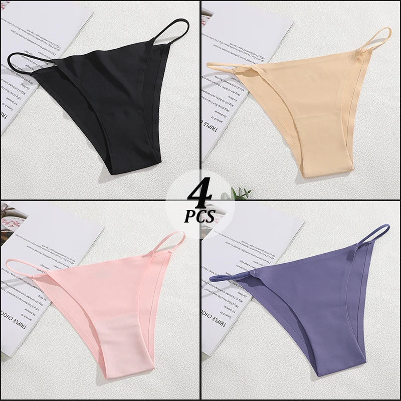 4PCS/Set Seamless Thin Strap Thong Underwear Women Low Rise Briefs Ice Silk Comfortable Panties Multi Color No Trace Lingerie