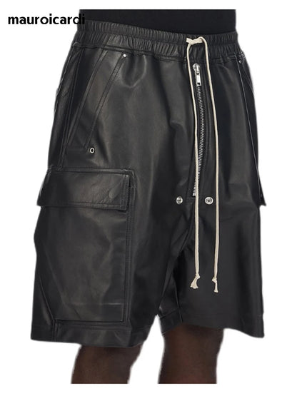 Mauroicardi Summer Cool Handsome Casual Soft Black Pu Leather Straight Shorts for Men Elastic Waist Drawstring Clothes 2023