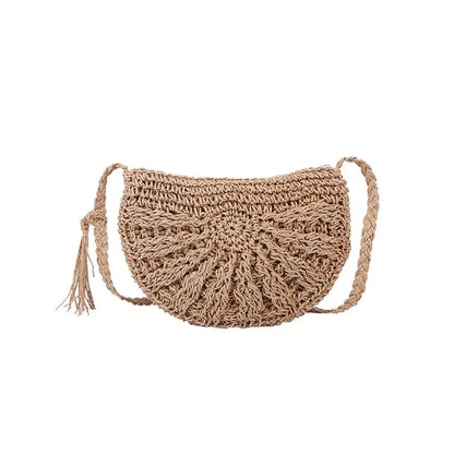 Half Moon Rattan Crossbody Bag - Handmade Woven Straw Beach Bag for Women