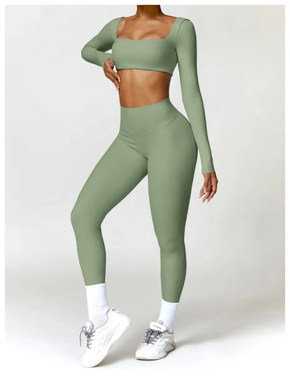 Women Yoga Suit - Quick Dry Gym Tracksuit With Long Sleeve Top & High Waist Leggings