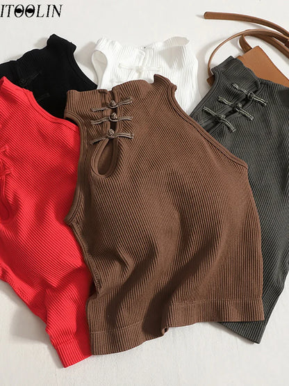 ITOOLIN Women Vintage Chinese Button Tank Tops With Bra Pad Halter Tops O-Neck Elegant Crop Tops Off Shoulder Tops For Women