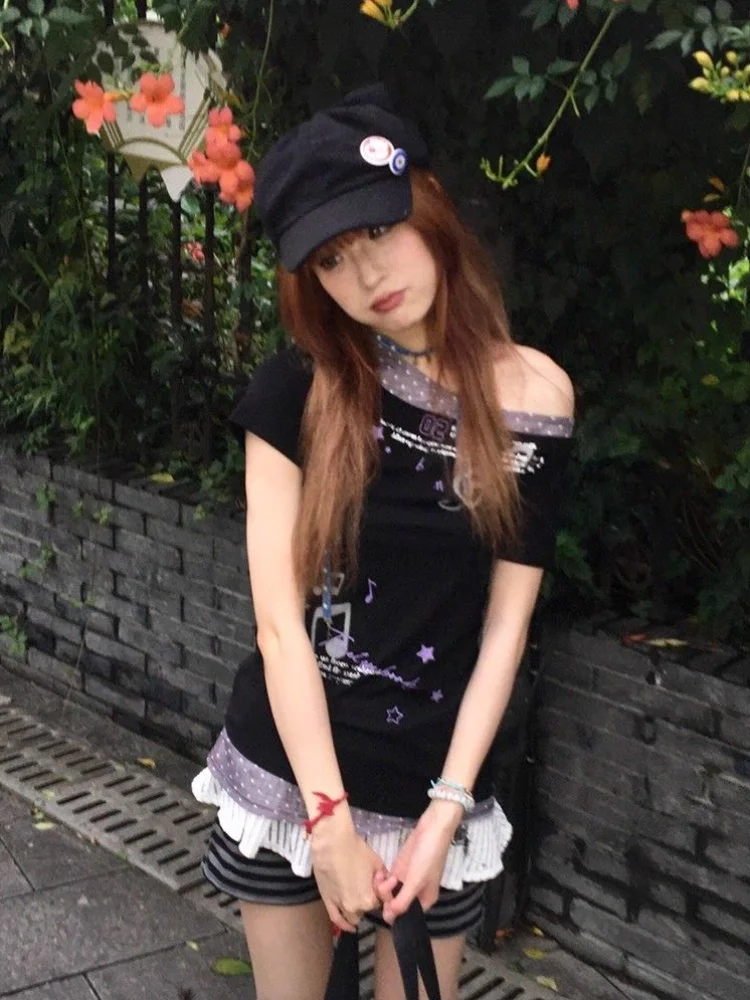 Streetwear Graphic Print T Shirts 2000s Y2k Clothes Top Women Short Sleeve Off Shoulder Sweet Vintage Tshirt False Two-piece