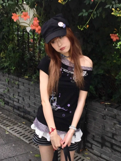 Streetwear Graphic Print T Shirts 2000s Y2k Clothes Top Women Short Sleeve Off Shoulder Sweet Vintage Tshirt False Two-piece