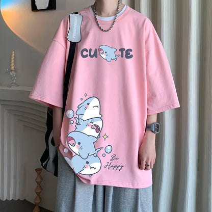 Men's Cotton T-shirts White Men Oversized T Shirt Anime Shark Print Summer Casual Wear 5XL Tee Shirts Big Size Male Clothes