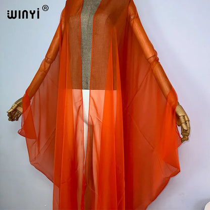 WINYI Beach sexy Cover Ups for Swimwear Women Kimono Swimsuit Cape Summer Dress 2023 Beachwear Monochrome perspective yarn dress