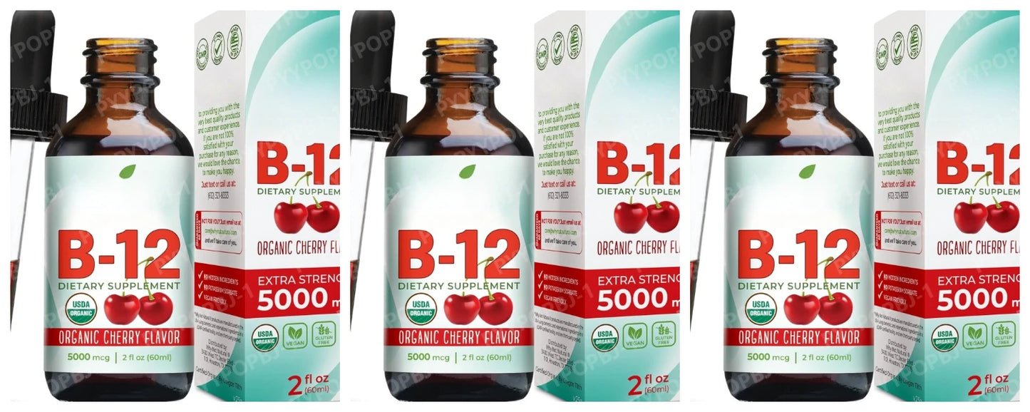 Vitamin B12 Drops 5000mcg Methylcobalamin Liquid Sublingual Supplement Cherry Flavor Vegan Sugar Free Daily Nutrition 60ml