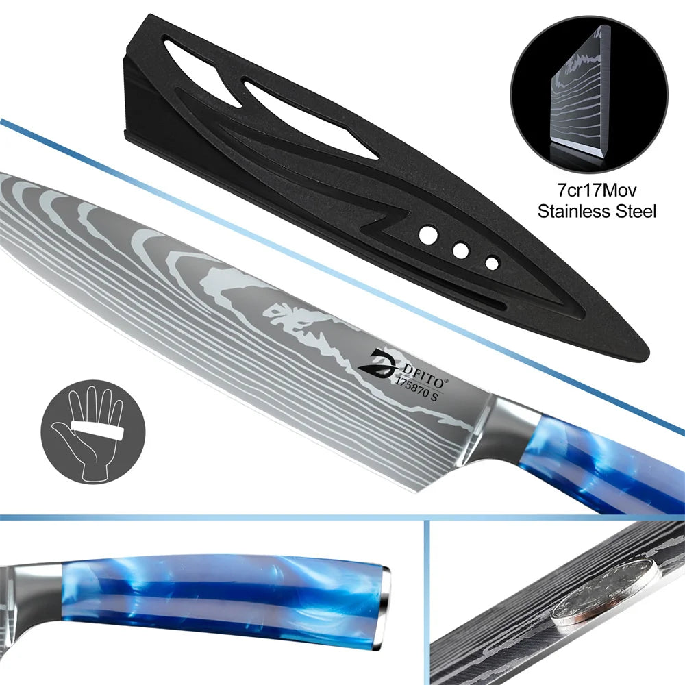Damascus Steel Kitchen Knife Set - 8-Piece Chef Utility Paring Boning Cleaver Santoku with Nylon Bag