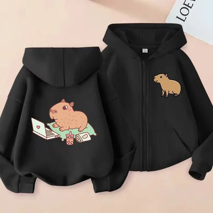 Kawaii Capybara Zip Up Hoodie - Childrens Manga Sweatshirt for Kids - ZOOMNSTORE