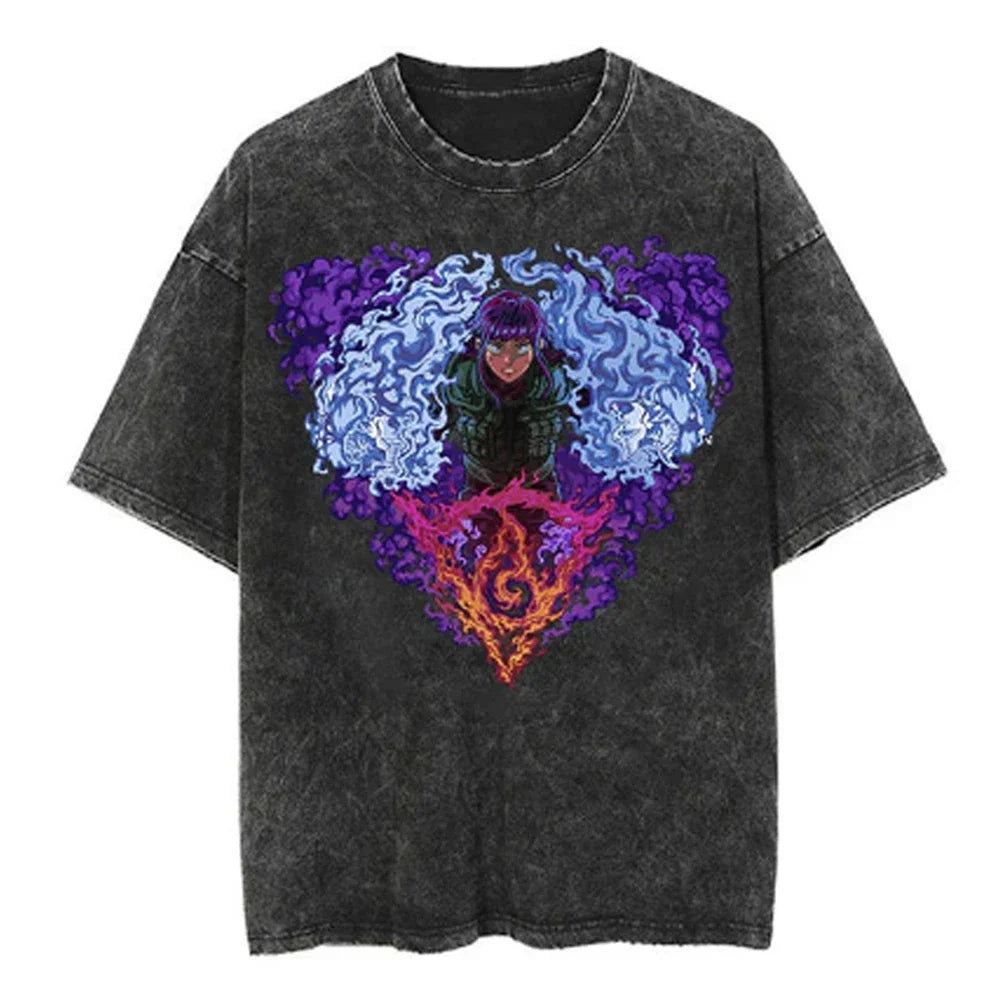 Men Streetwear Tshirt Japanese Naruto Anime Graphic T-Shirt Cotton Harajuku Washed T Shirt Summer Hip Hop Tops Tees Black