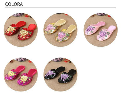 36-40 Women Slippers Sequin Embroider Shoes Summer Silk Fabric Flats Flower Closed Toe Soft Sole Non-slip Chinese Style Footwear