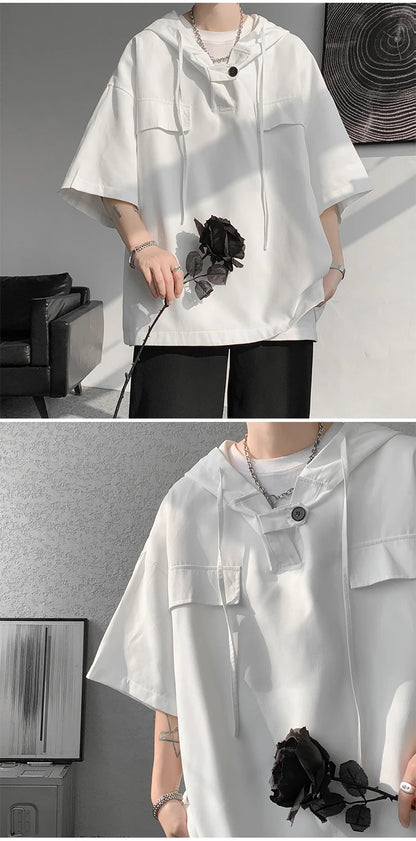 5 Colors Summer Hooded T shirt Men Korean Half Sleeve Pullover Streetwear Loose T-shirt Tops Drawstring Men Clothing
