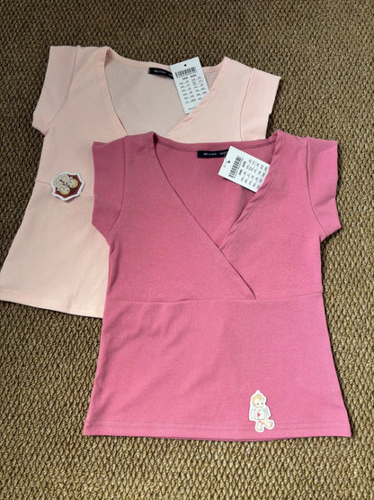 New Rose Red Slim Crop Top Woman Sexy V-neck Short Sleeve Cotton Cropped T-shirt Solid Casual Simple Sweet All-match Tee Tops