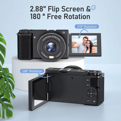 4K Digital Camera - 12X Optical Zoom Flip Screen Selfie Vlog Camcorder With Microphone