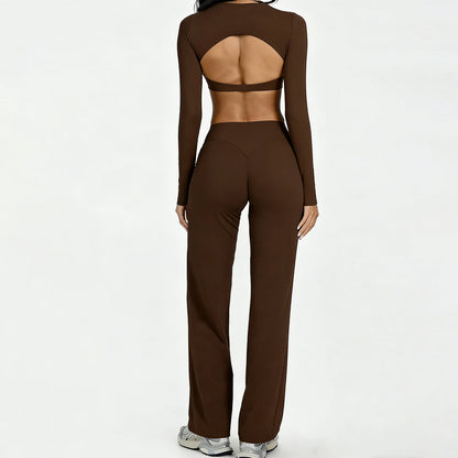 Running Sportswear Women 2 Piece Set Short Cropped Long Sleeve Top Straight Leg Yoga Pants Breathable Quick Dry Gym Suit