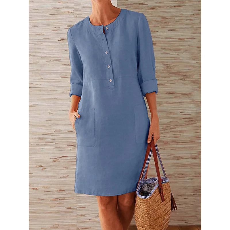 Women's Cotton Linen Tunic Dress – Vintage Long-Sleeve Oversized Mini Dress