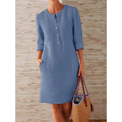 Women's Cotton Linen Tunic Dress – Vintage Long-Sleeve Oversized Mini Dress