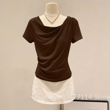 Summer Off Shoulder Top Women Summer Fashion Versatile Base Shirt Plus Size Slim Fit Short-sleeved T-shirt Casual and Sexy Beach