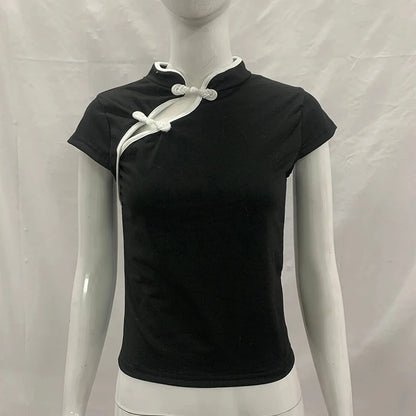 Women's Beige Chinese Style Cheongsam Blouse Vintage Mandarin Collar Short Sleeve Crop Top with Frog Button Keyhole Asymmetrical