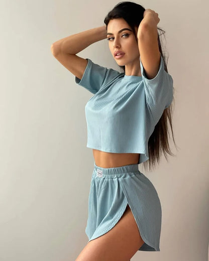 Women's Ribbed 2-Piece Loungewear Set, Crop Top & Shorts Pajama Set, Soft Sleepwear for Daily Lounge
