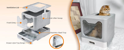 Stainless Steel Covered Cat Litter Box - Large Top Entry Pan with Scoop High Sided for Easy Cleaning - ZOOMNSTORE
