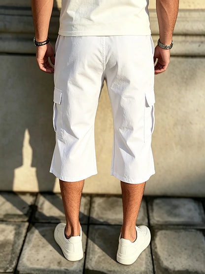 2026 New Men Multi Pocket Cargo Capri Shorts Loose Fit Daily Street Travel Outdoor Casual Drawstring Waist Cropped Short Pants