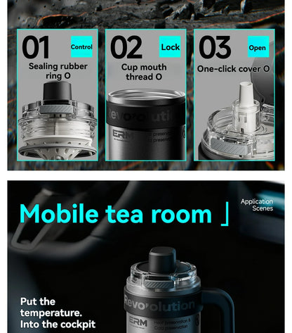 1200ML Extra Large Tumbler Ceramic Drinkware Stainless Steel Water Bottle Insulated Vacuum Flask Straw & Handle Leakproof Mug
