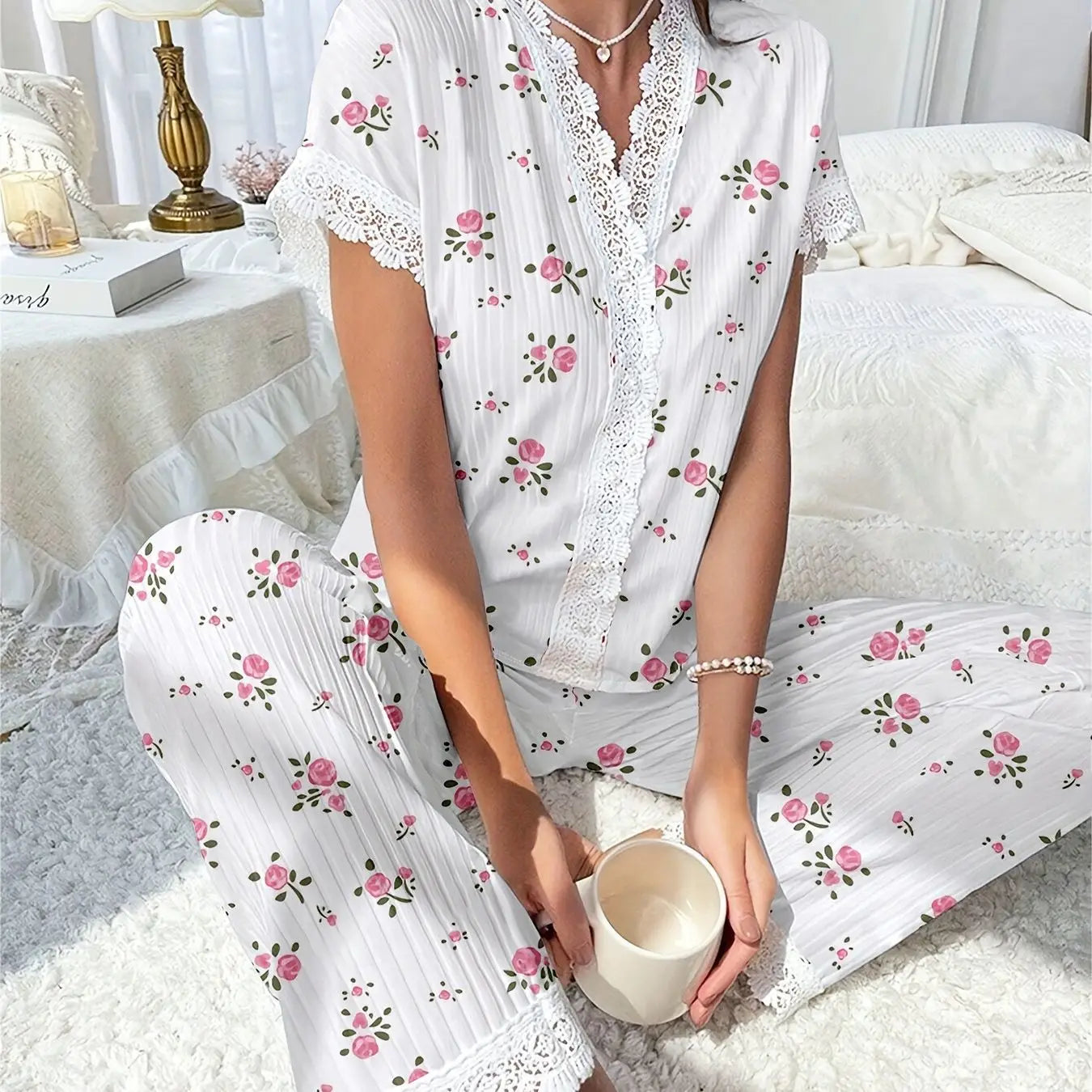 New Fashion Women's Pajamas Autumn and Winter Collar Lace Printed Shirt Trousers Homewear Homewear Homewear Lingerie
