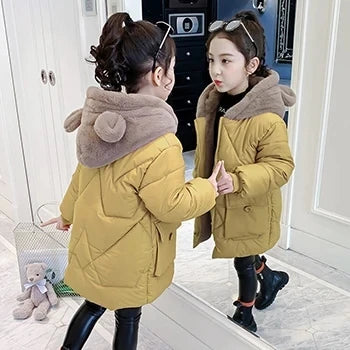 Girls Winter Jacket - Warm Hooded Cotton Polyester Coat | Windproof Kids Outerwear