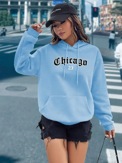 CHICAGO 23 Letter Hoodies Women's Hooded Sweatshirt Pullover Spring Autumn Top Aesthetic Y2K Street Sport Clothing Woman Hoody