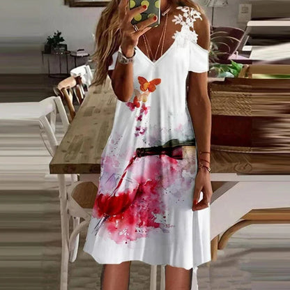 Women's White Lace Dress – V-Neck Suspender Short Summer Dress