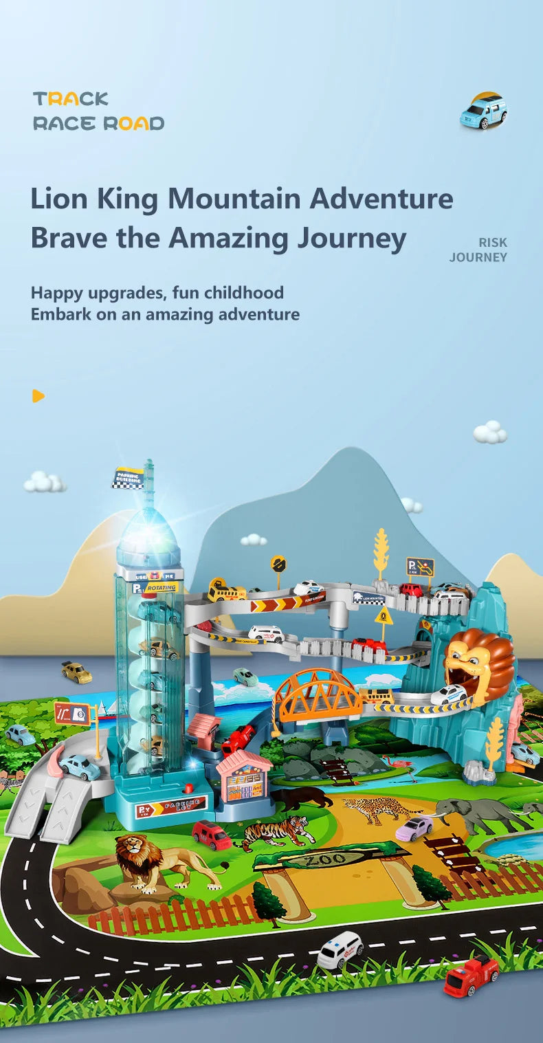 KBDFA Lion Theme Car Track For Children Diecasts Holiday Gifts Birthday Hot Wheels Kids Educational Race Toys Racing Rail Cars