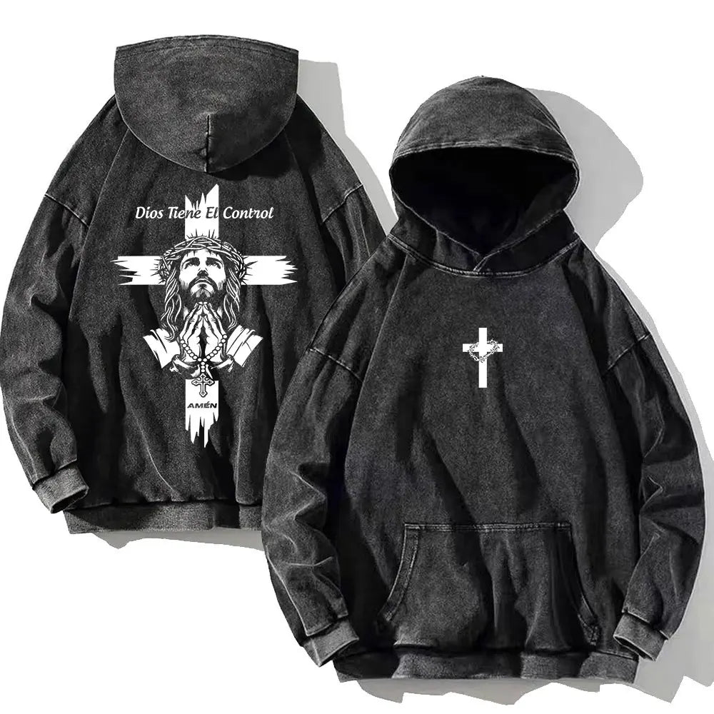 Vintage PSALM 91:11 Print Cotton Washed Hoodie Casual Hip Hop Men Women High Street Retro Hooded Sweatshirt Winter Pullover